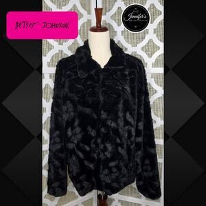 Betsey Johnson Black Plush Faux Fur Embossed Floral Jacket Size Large